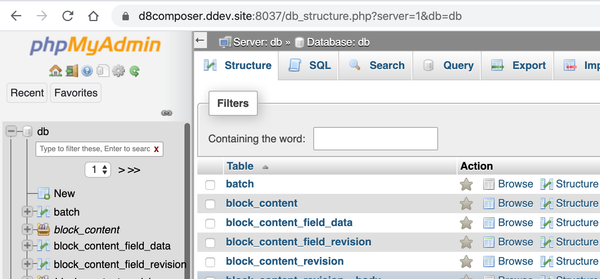 Tightly-cropped screenshot of phpMyAdmin running on a `.ddev.site` domain in a browser window